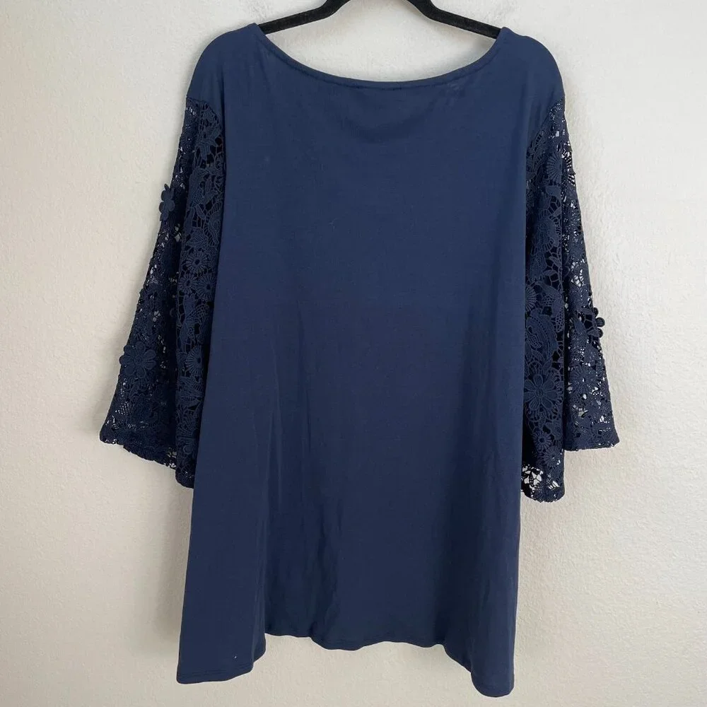 Dg2 Diane Gilman Womens Plus 3X‎ Navy Crochet Sleeve Tunic Top Shirt